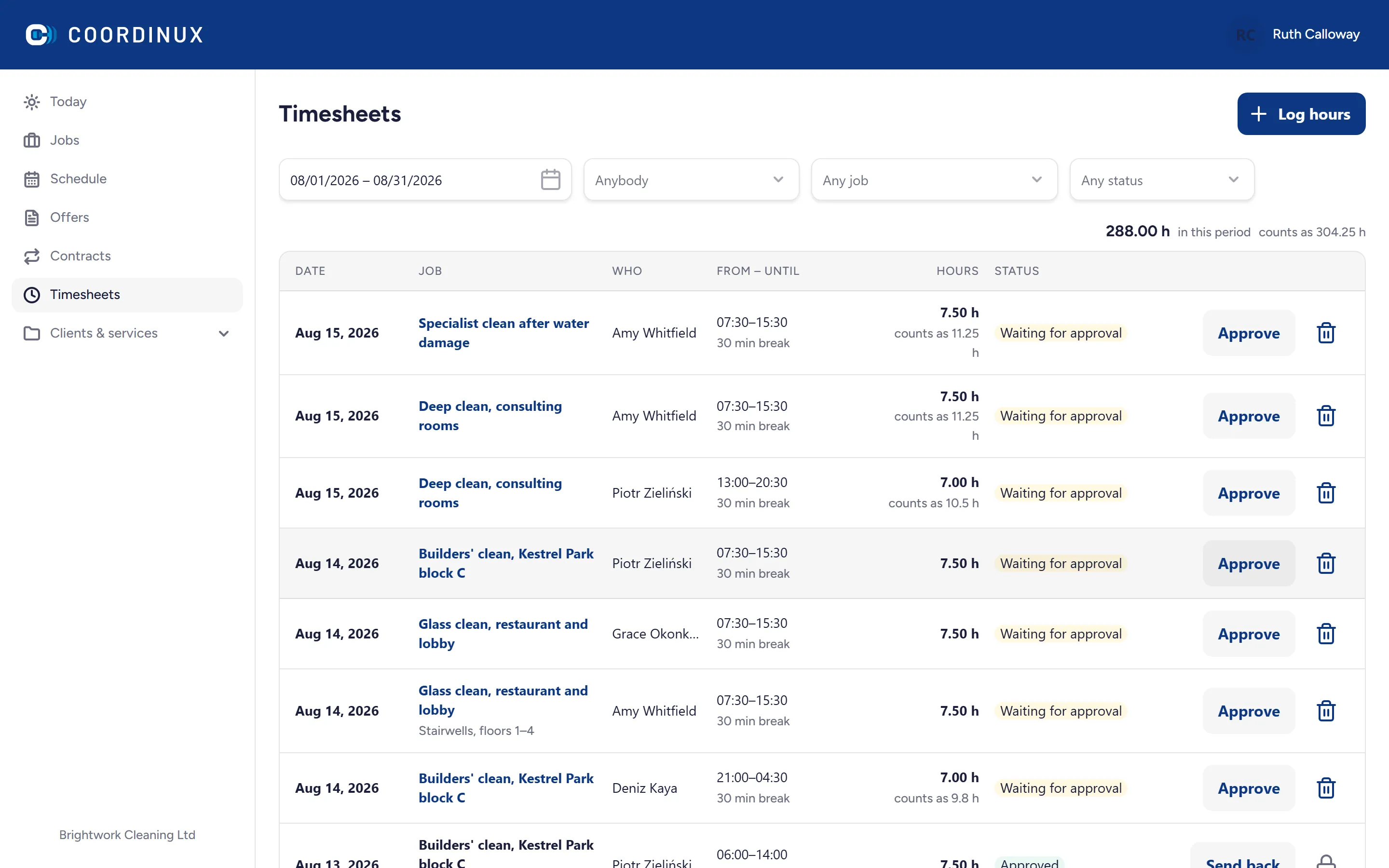 The hours screen, with entries waiting for approval