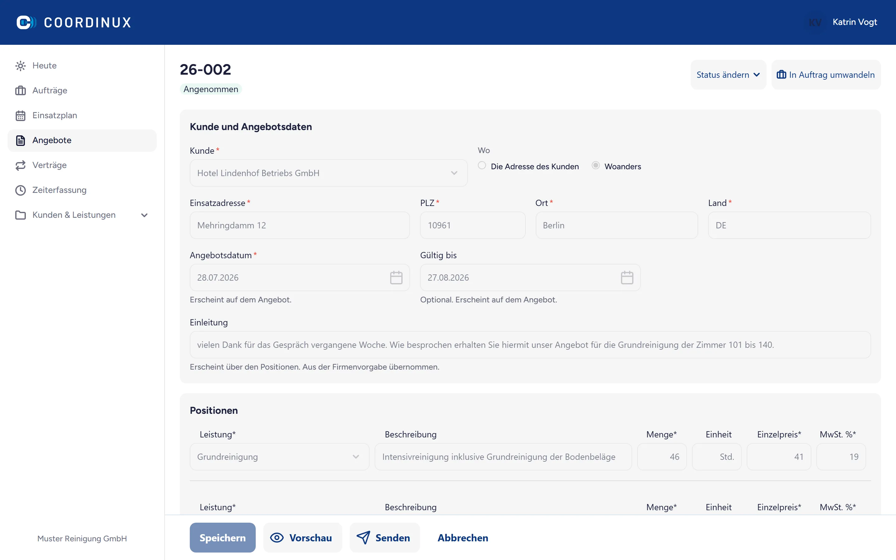 Der Angebotseditor mit Positionen, MwSt. und Summen