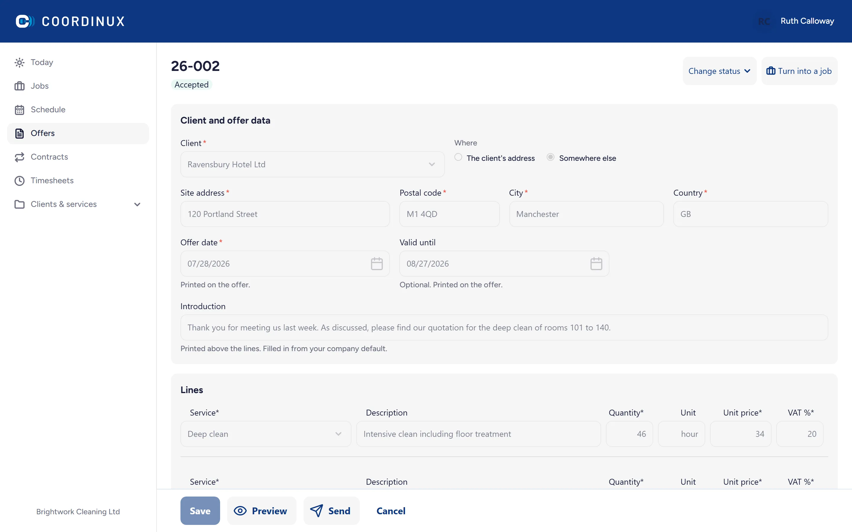 The offer editor, showing lines, VAT and totals