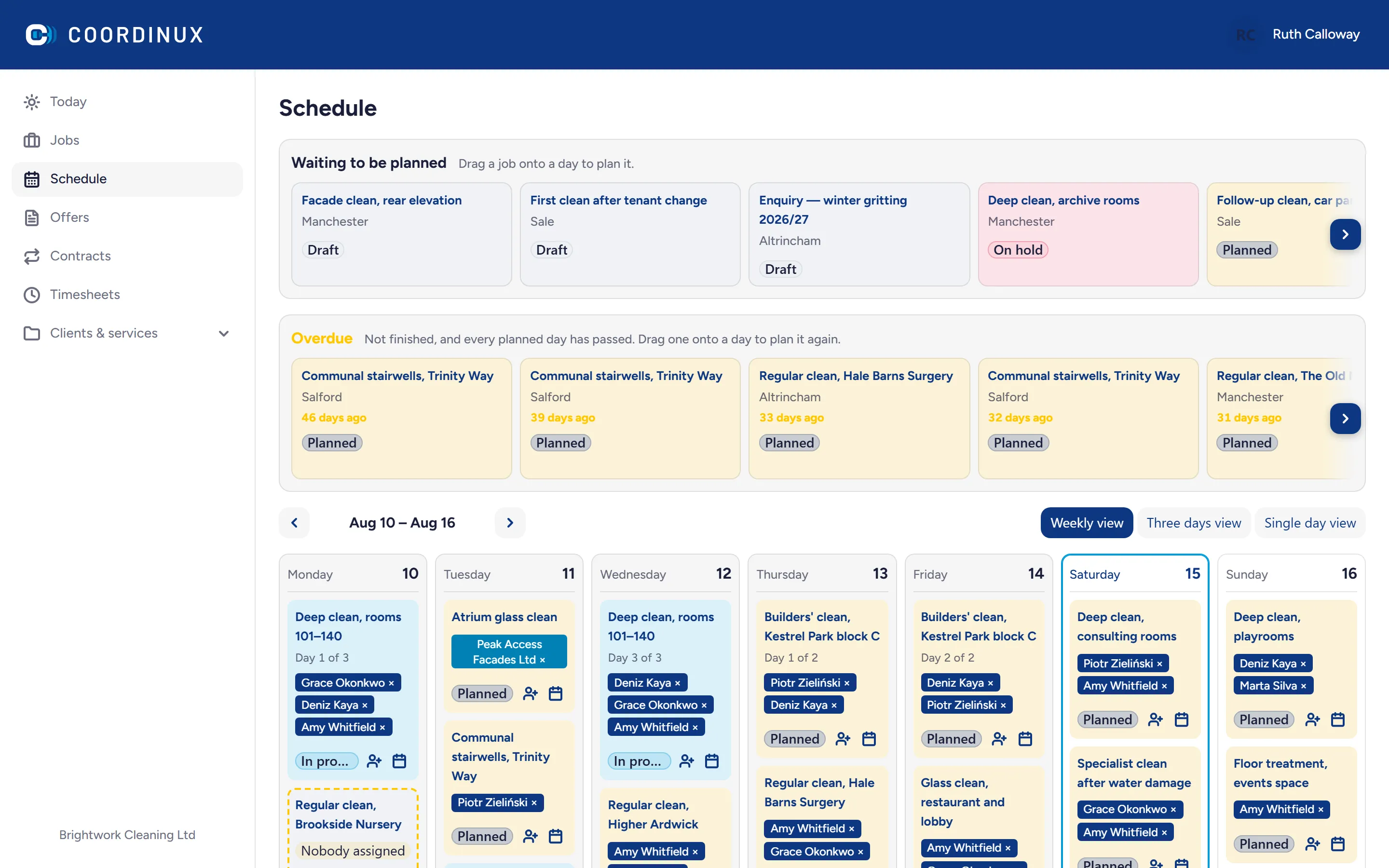 The week planner, with jobs on days and people assigned