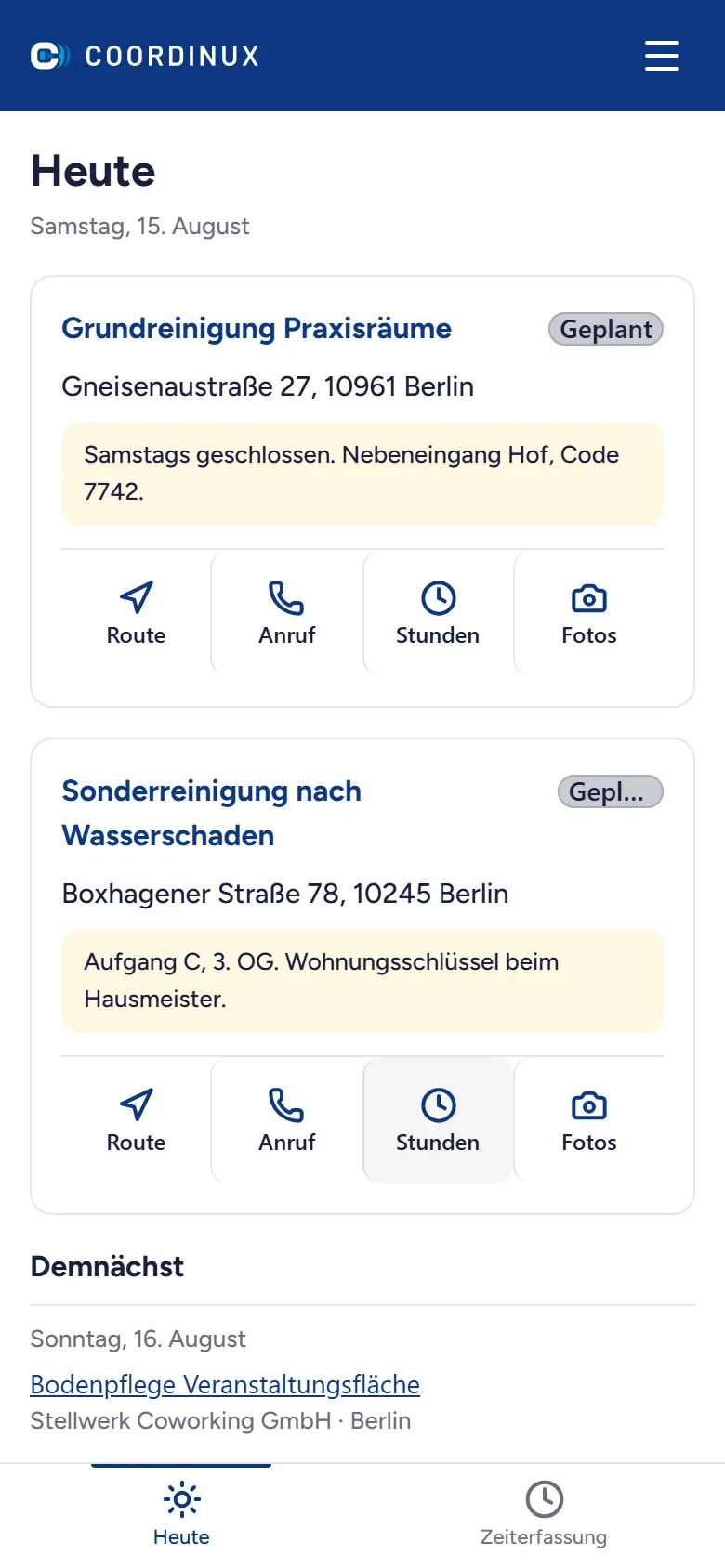 Der Tag eines Mitarbeiters in der Telefon-App, mit Auftragskarten