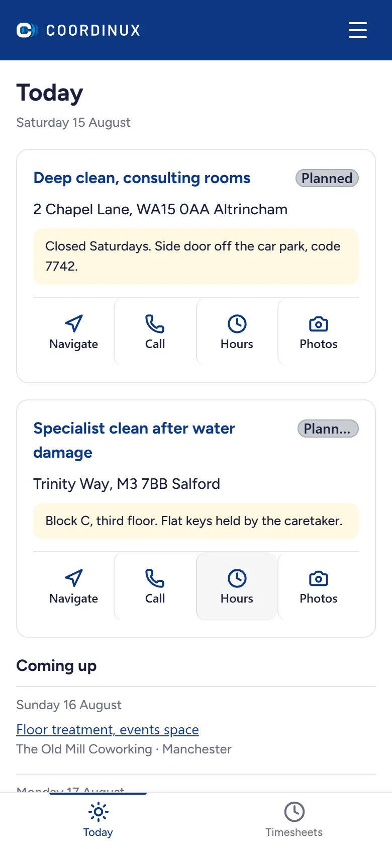 A worker's day in the phone app, showing job cards